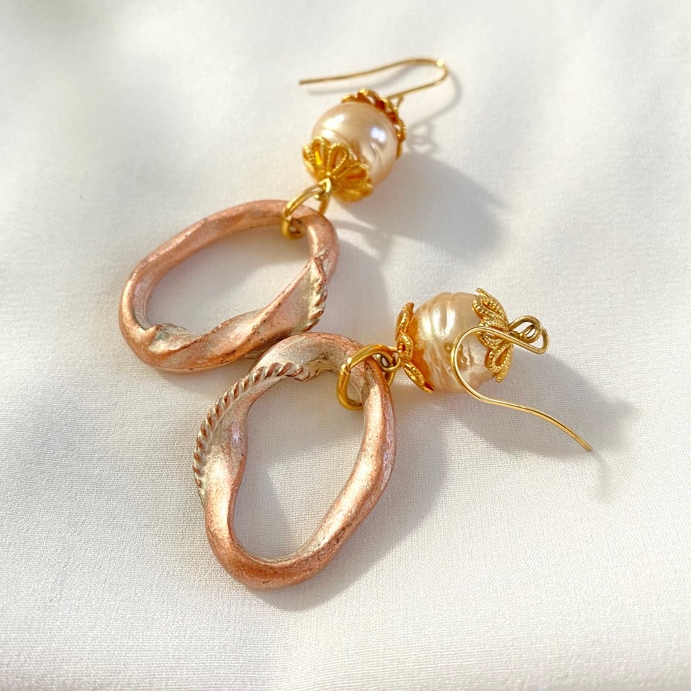 Gold Copper Tone Pearl Dangle Earrings Jewelry
